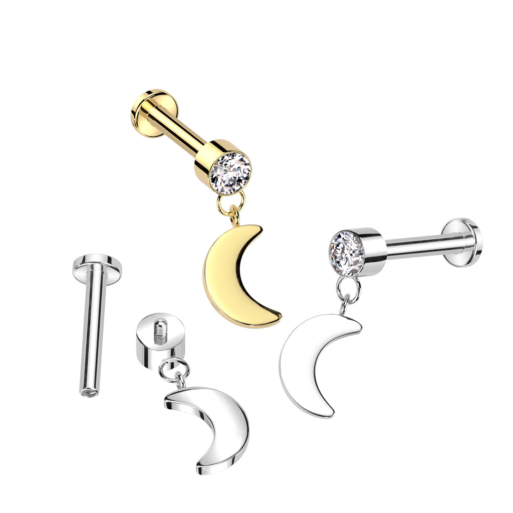 16G Titanium Internally Threaded Labret W/ Crescent Moon Dangle Top